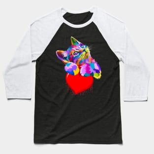 Cute Colorful Cat Hugging Dripping Heart Baseball T-Shirt